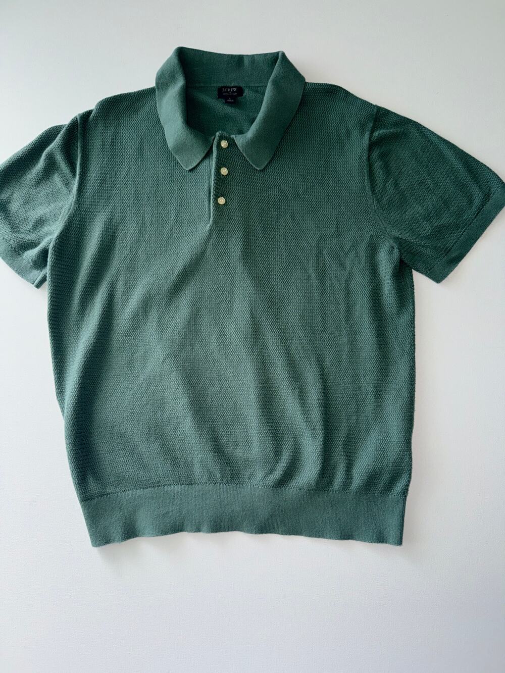 J.Crew Men's L Green 100% Cotton Textured Knit Sweater Polo Short Sleeve